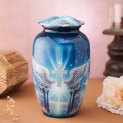 Esplanade Metal Urn for Ashes Adult Male Female – 10" Cremation Urn for Human Ashes, Full Size Large Urn, Heaven Cross with Two Doves in Blue Colour, Funeral Vase with Velvet Bag - for 80kg Adult