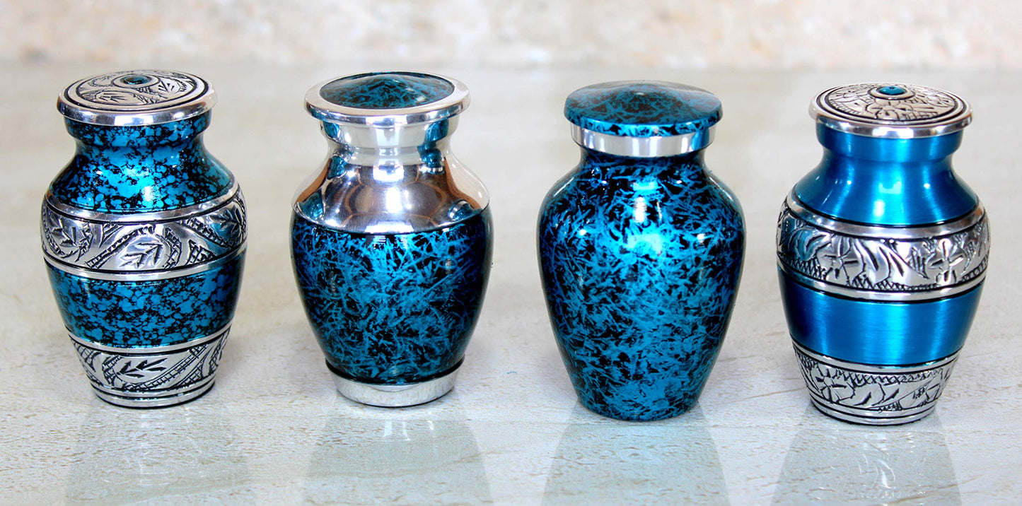 eSplanade Metal Mini Cremation Urn Keepsake Memorial Jar Pot Container - Set of 4 | Small Urns for Funeral Ashes Burial | Engraved and Textured Keepsakes | Blue - 3" Inches