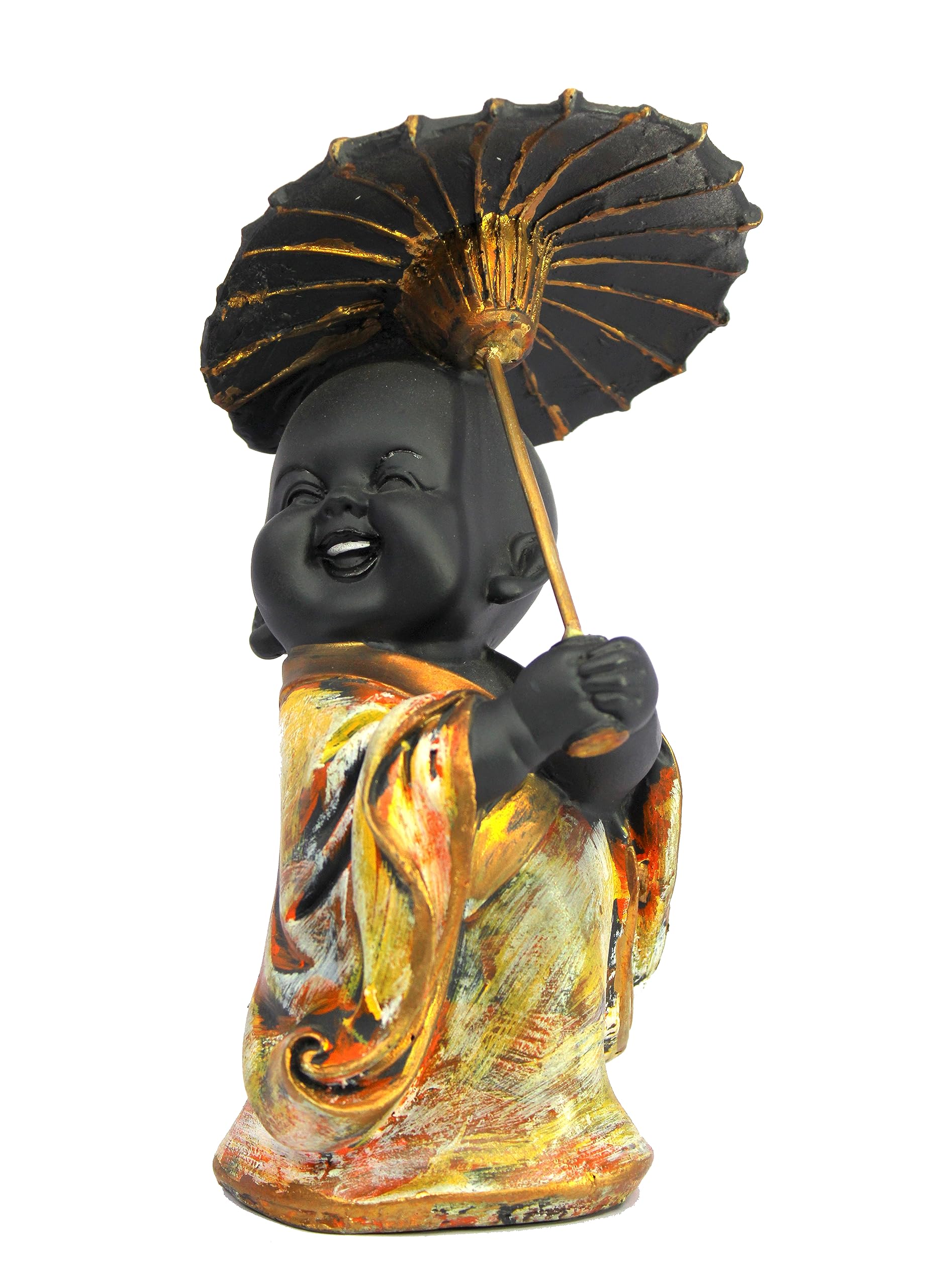 eSplanade Happy Buddha Monk Statues with Umbrella | Feng Shui Monk Figurine Showpiece - Set of 3 - Home Decor | Resin - Multi - 6.75" Inches