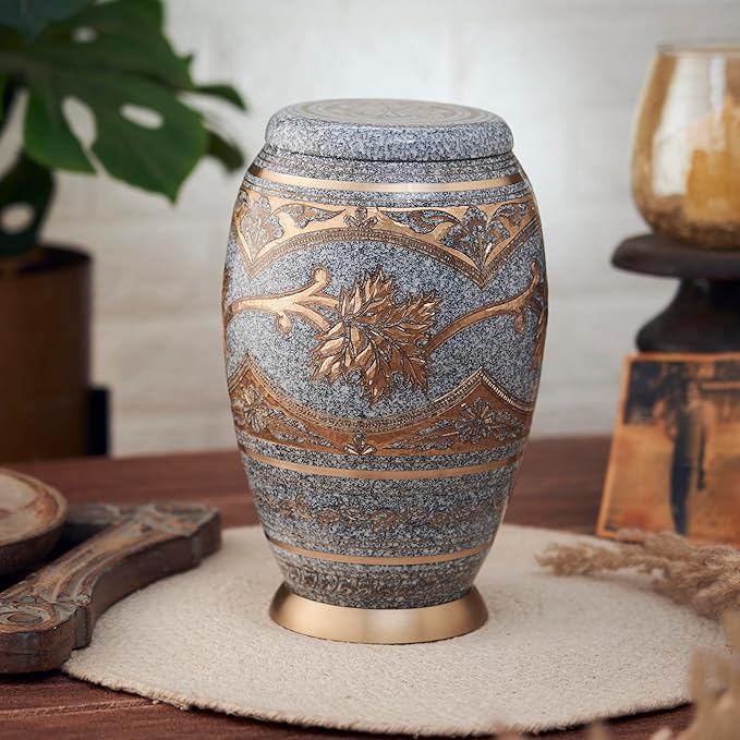 Esplanade Brass Urn for Ashes Adult Male Female – 10" Cremation Urn for Human Ashes, Full Size Large Urn, Engraving Design in Grey Golden Colour, Funeral Vase with Velvet Bag - for 80kg Adult
