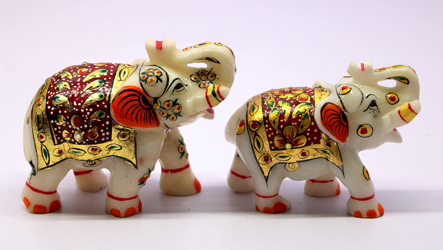 eSplanade Marble Elephant Family - Set of 2 - Sculpture Showpiece Figurines - Home Decor - White Multi - 3" Inches (Small)