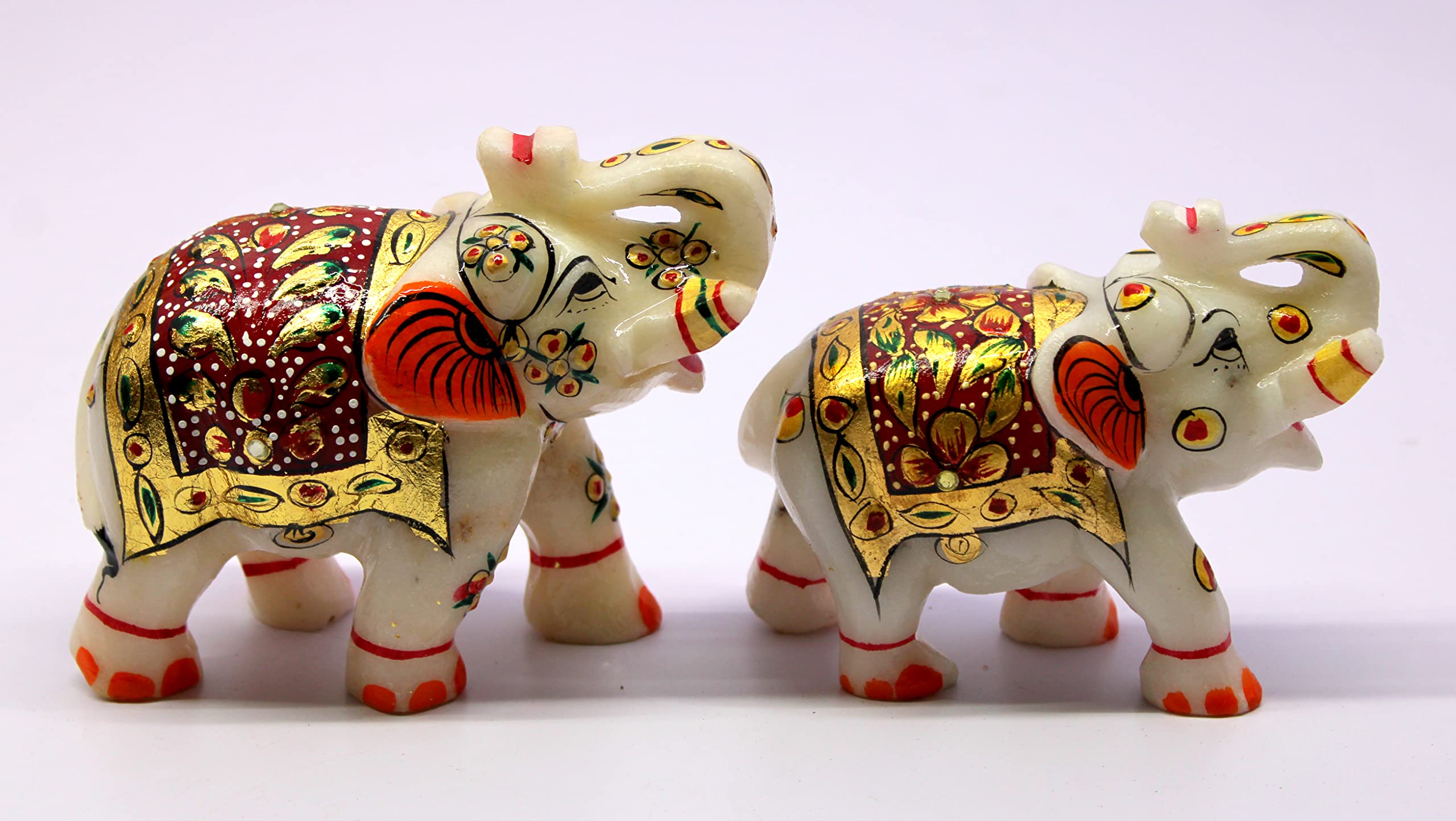 eSplanade Marble Elephant Family - Set of 2 - Sculpture Showpiece Figurines - Home Decor - White Multi - 5" Inches
