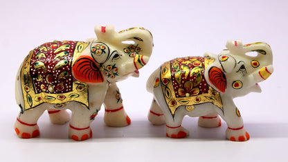 eSplanade Marble Elephant Family - Set of 2 - Sculpture Showpiece Figurines - Home Decor - White Multi - 5" Inches