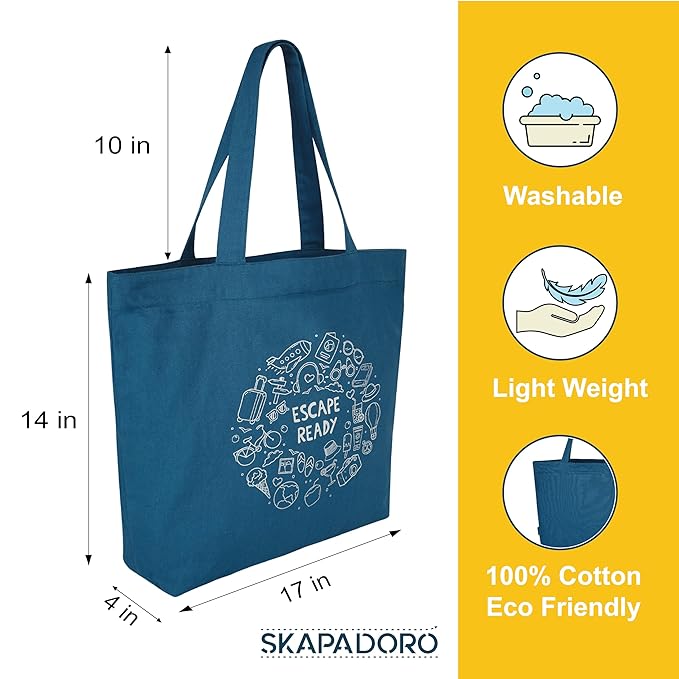 SKAPADORO Canvas Big Zip Printed Handbag Tote,100% Cotton, Inner pocket, Ecofriendly Bag for Women, Travel College Beach Shopping, Easy to Wash Everyday Shoulder Bag - Quirky Desi Graphic Designs