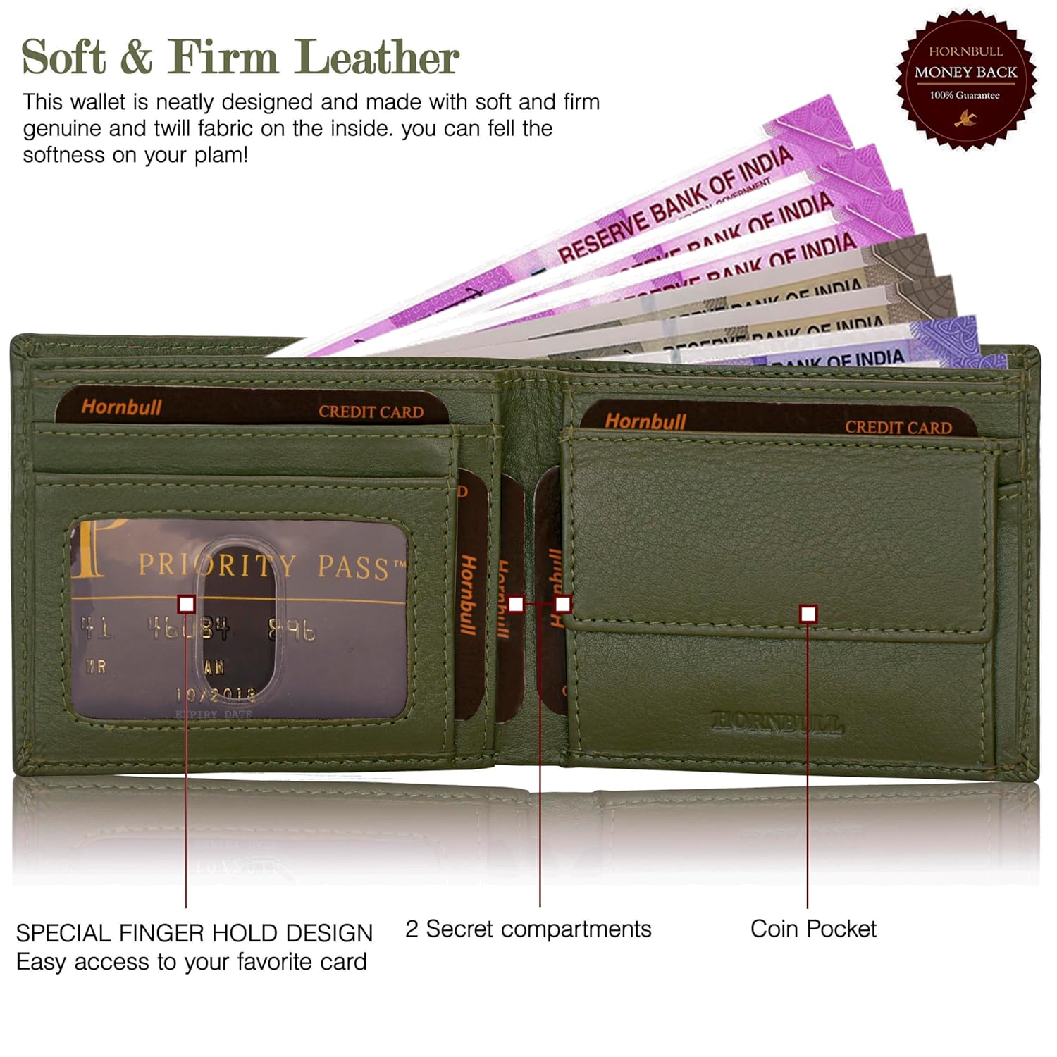 HORNBULL Maddison Mens Olive Green Leather Wallet for Men | Stylist Mens Wallet with RFID Blocking | Genuine Leather Wallets Gift for Mens