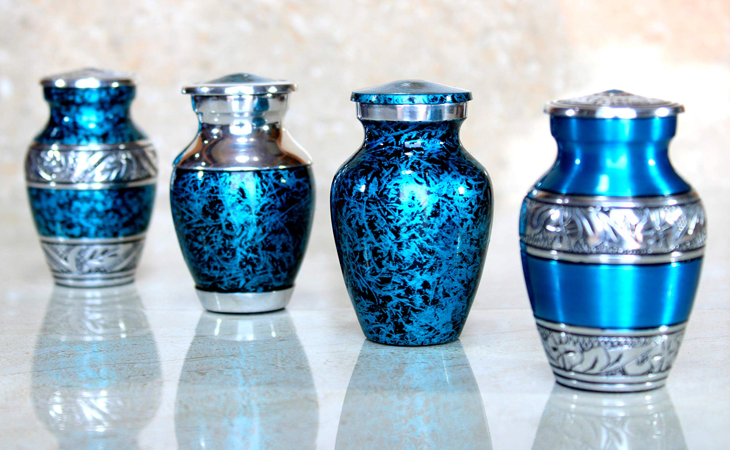 eSplanade Metal Mini Cremation Urn Keepsake Memorial Jar Pot Container - Set of 4 | Small Urns for Funeral Ashes Burial | Engraved and Textured Keepsakes | Blue - 3" Inches