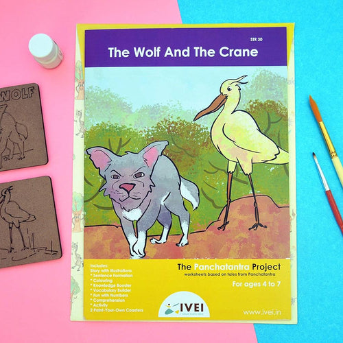 IVEI Panchatantra Kids Learning Book - Workbook and 2 DIY coasters of Panchatantra Story - Colouring Activity Worksheets - Creative Fun Activity and Education For Kids - The Wolf and the Crane ( Age 4 to 7 Years )