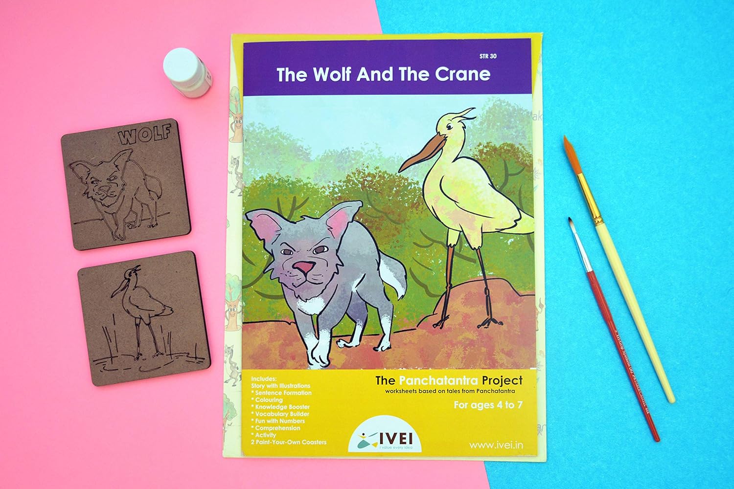 IVEI Panchatantra Kids Learning Book - Workbook and 2 DIY coasters of Panchatantra Story - Colouring Activity Worksheets - Creative Fun Activity and Education For Kids - The Wolf and the Crane ( Age 4 to 7 Years )