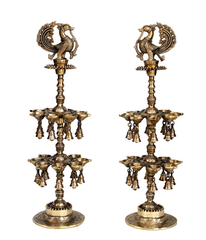 eSplanade Brass Peacock Oil Lamp - Set of 2-17" Inches | Brass Diya | Brass Deepam | Brass Lamps | Kuthu Vilakku