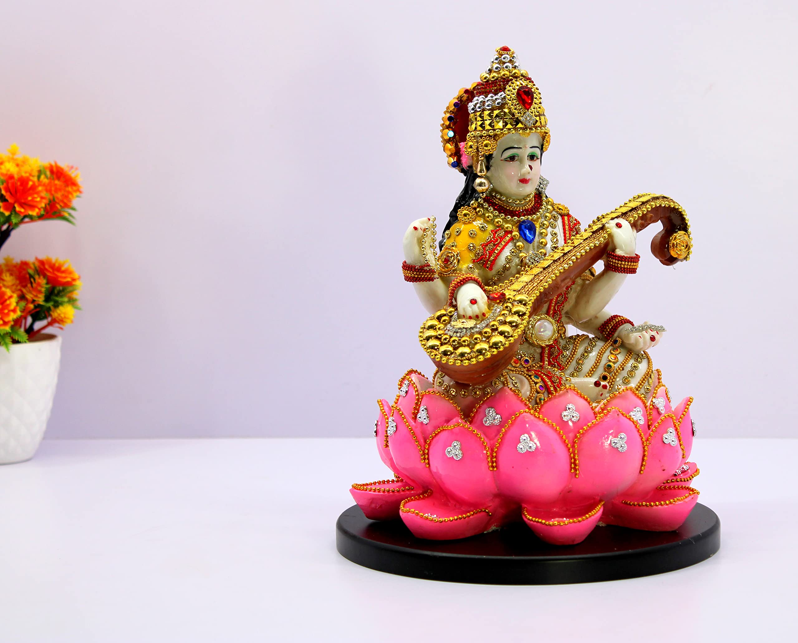 eSplanade Saraswati on Lotus | Saraswati Goddess Murti Idol Statue Sculpture Figurine - Resin - Multi - 10.5" & 7" Inches