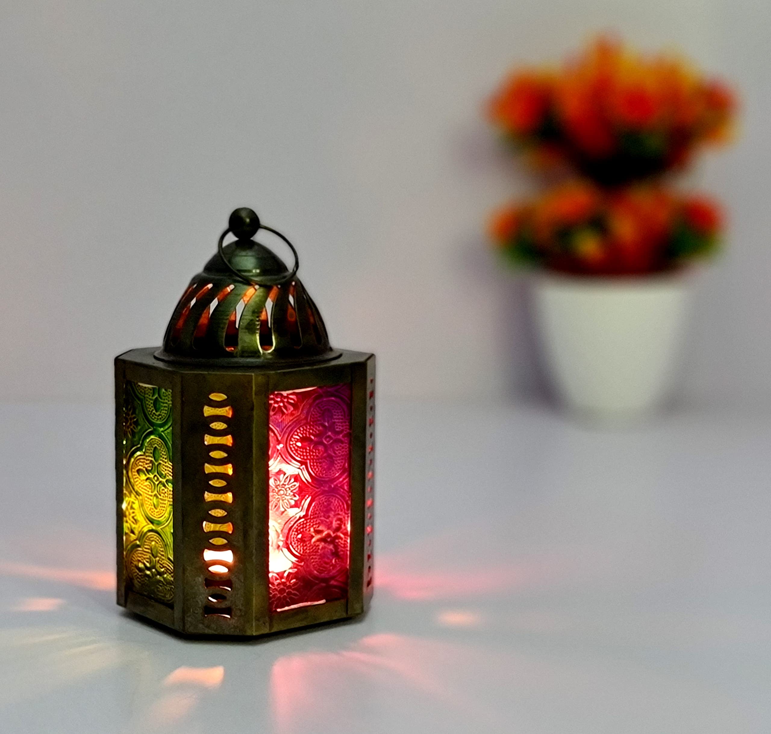 eSplanade Moroccan Lantern Metal Hanging Lamp with Glass Tealight Candle Holder - Set of 2-6" Inches - Golden (Golden & Multi- Black)