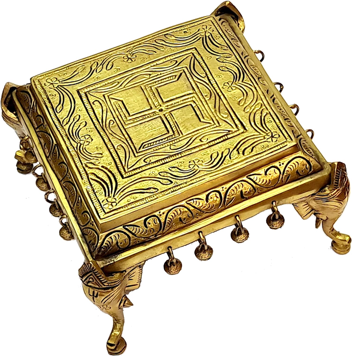 eSplanade Decorative Brass Mandir Chowki with Elephant Pillars & Ghungroo | Pooja God Stool (9" x 9" Inches)