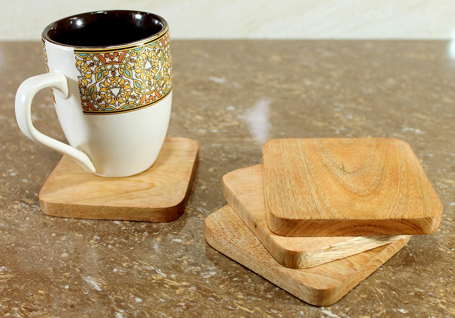 StonKraft Wood Wooden Tea Coffee Coasters Coaster Set Coasters with Wrought Iron Holder (4 In Square with Iron Holder)