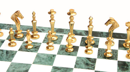 StonKraft Collectible Green Marble Chess Game Board Set + Brass Crafted Pieces - Decorative Stone Chess - Home DŽcor - 15" Inches