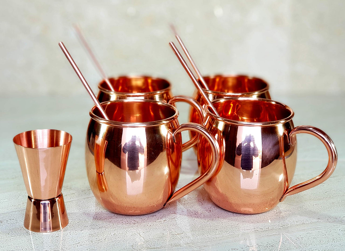 eSplanade Moscow Mule Cocktail Copper Mugs - Set of 4 Mugs, 4 Copper Straws, and a Peg Measurer (HAMMERED BRASS HANDLE)