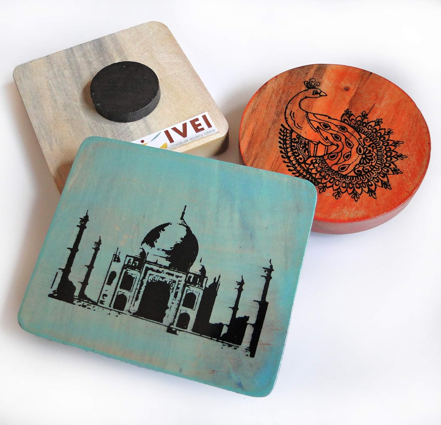 IVEI Wooden Magnets Taj Mahal, India Gate, Peacock Print, Fridge Magnet, Innovative Magnets for Home and Kitchen Decoration - Independence Day Gifts (Set of 3)