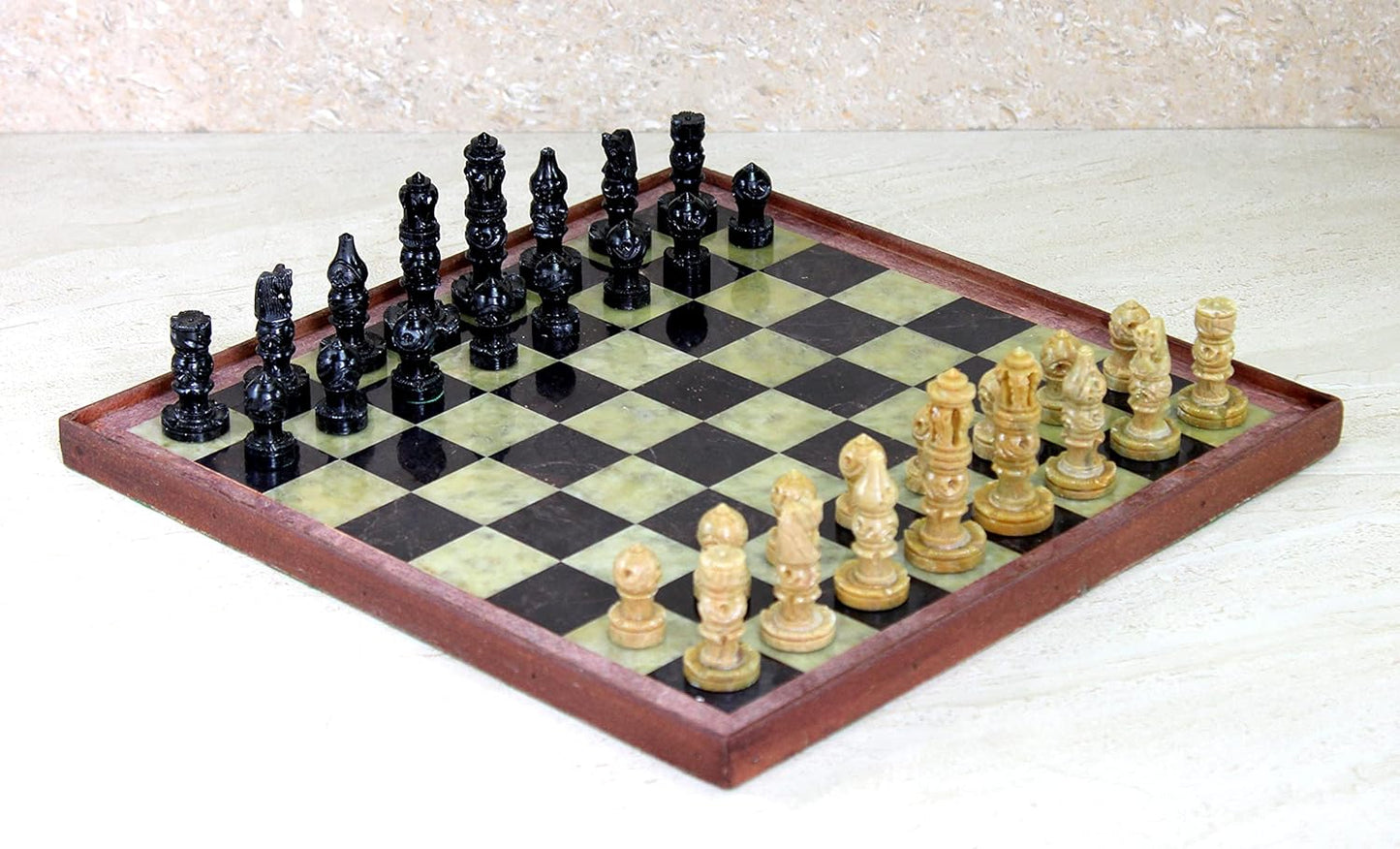 StonKraft Stone Chess Board with Wooden Base - Chess Game Board Set with Handcrafted Natural Stone Chess Pieces (12" x 12")