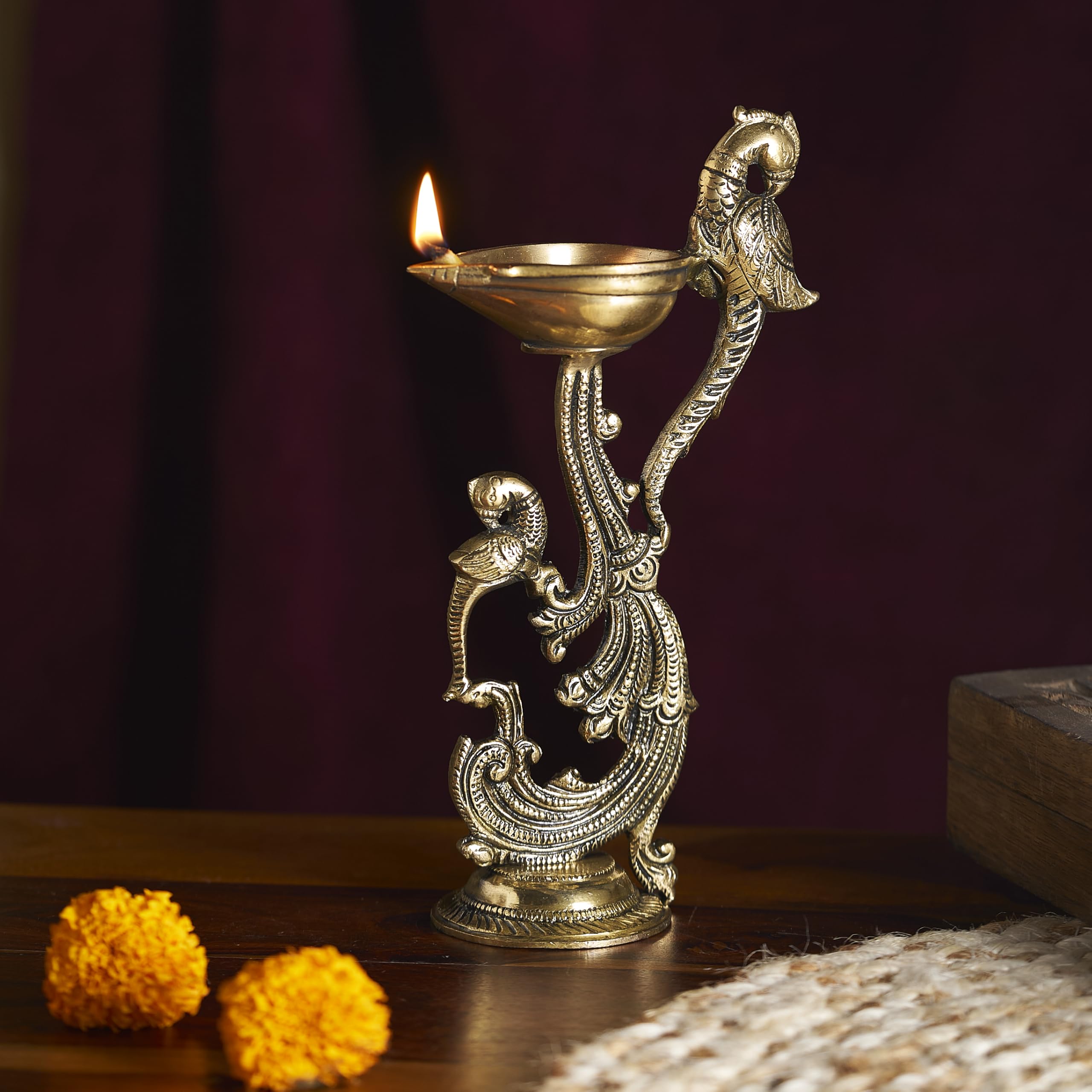 Esplanade Brass Peacock Design Diya - Traditional Festive Decor, Solid Heavy Brass Oil Lamp, Elegant Royal Aesthetic for Diwali, Wedding, Housewarming, Pooja Room - Handcrafted Decorative Showpiece