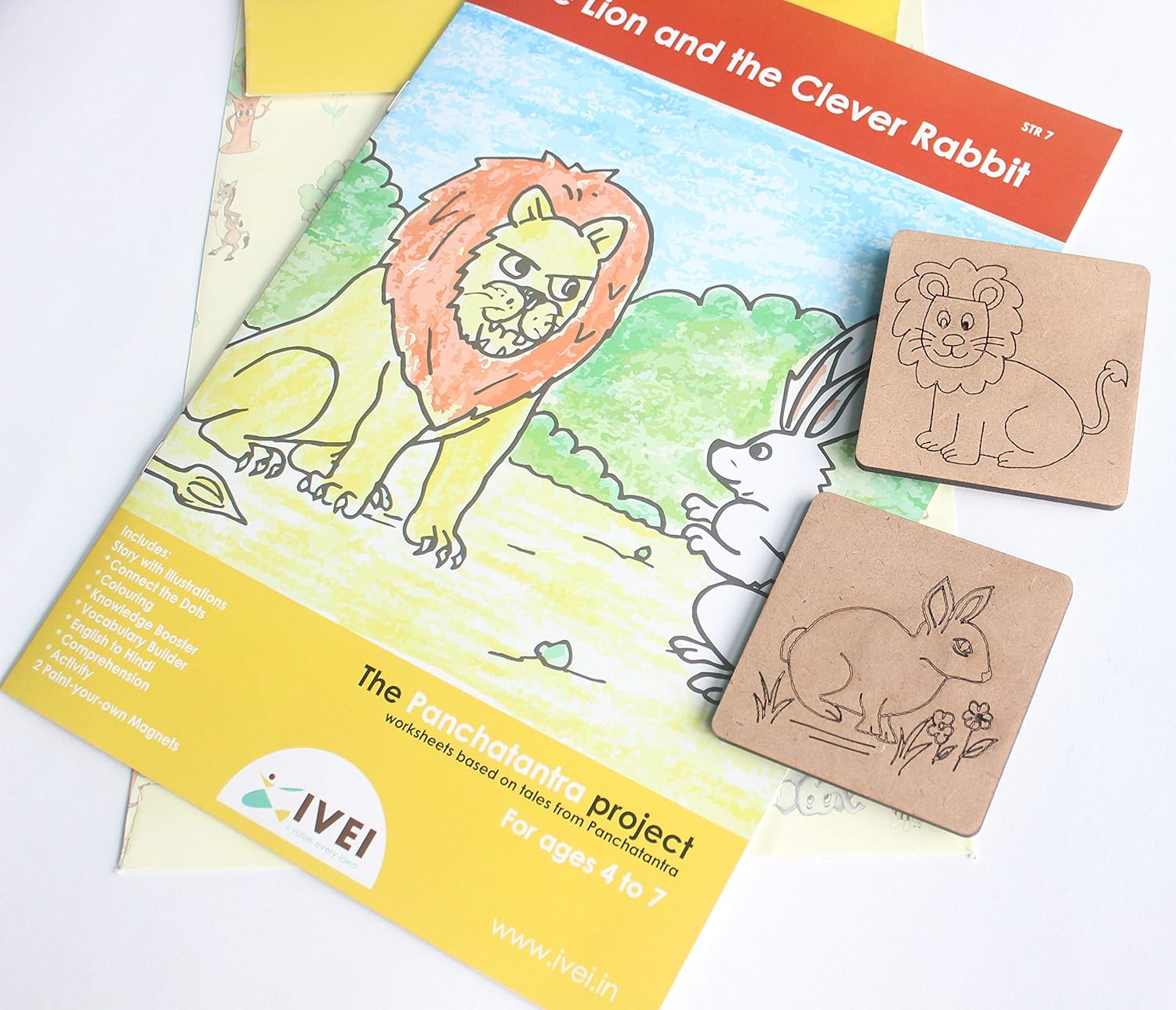 IVEI Panchatantra Kids Learning Book - Workbook and 2 DIY magnets of Panchatantra Story - Colouring Activity Worksheets - Creative Fun Activity and Education For Kids - The Lion and the Clever Rabbit ( Age 4 to 7 Years )