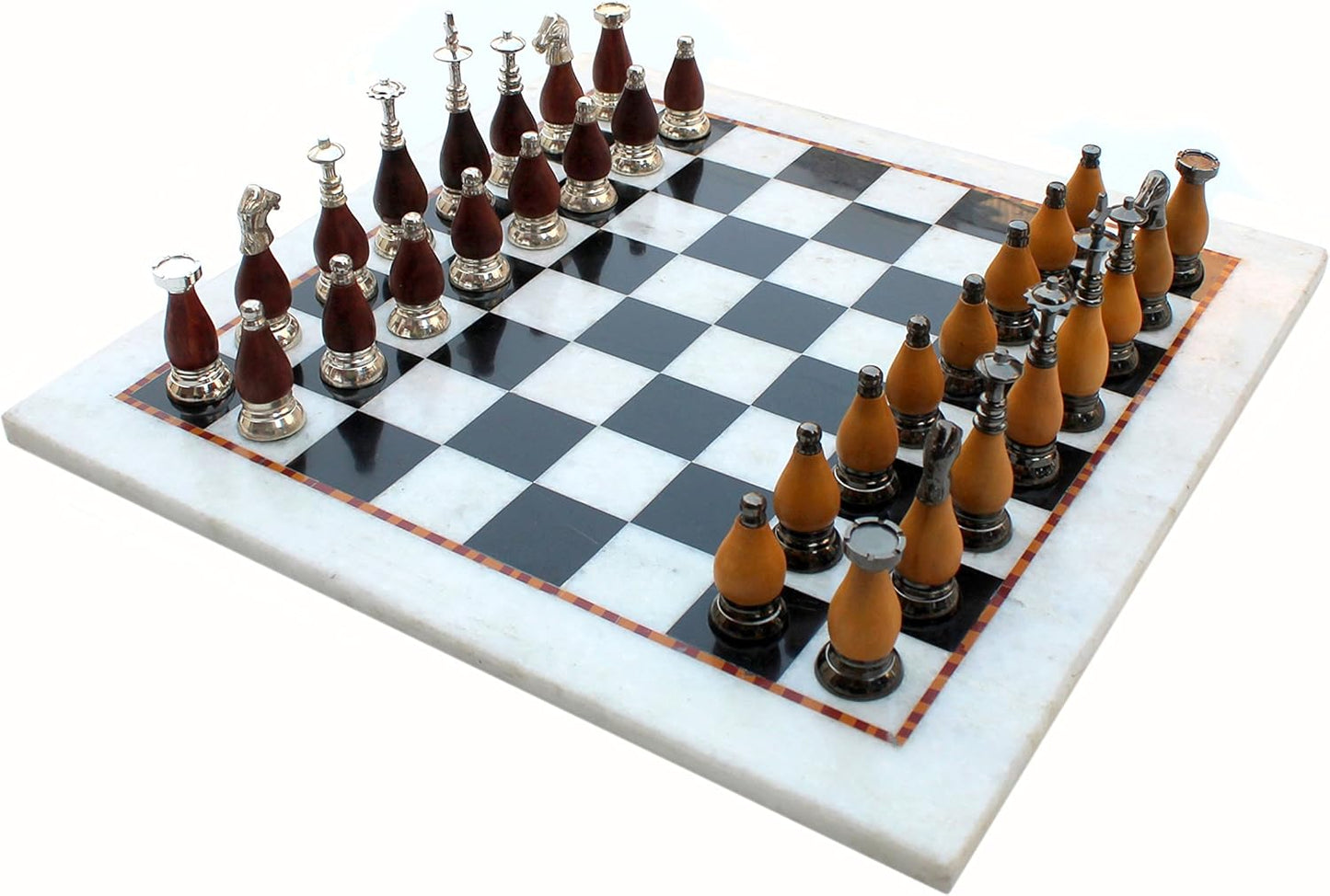 StonKraft Collectible Black & White Marble Chess Board Set + Brass Wooden Chess Pieces Pawns - Decorative Stone Chess - Home DŽcor - 15" Inches