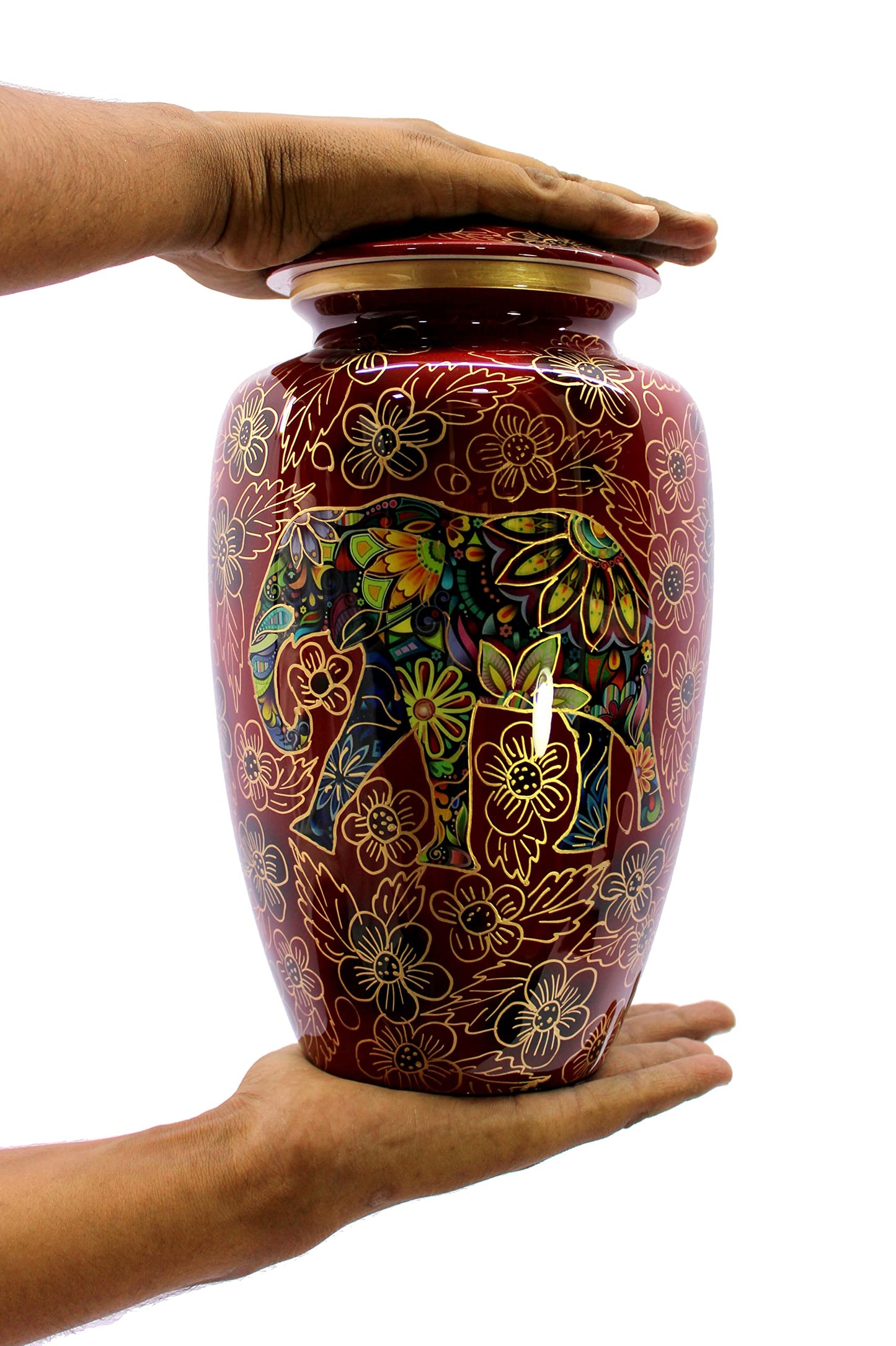 eSplanade Metal Cremation Urn Memorial Jar Pot Container | Full Size Urn for Funeral Ashes Burial | Elephant and Flowers Printed Metal Urn | Blue-Multi - 10" Inches