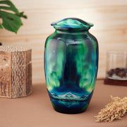 Esplanade Metal Urn for Ashes Adult Male Female – 10" Cremation Urn for Human Ashes, Full Size Large Urn, Aurora Northern Lights Mountains Blue Colour, Funeral Vase with Velvet Bag - for 80kg Adult