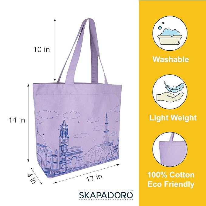 SKAPADORO Canvas Big Zip Printed Handbag Tote,100% Cotton, Inner pocket, Ecofriendly Bag for Women, Travel College Beach Shopping, Easy to Wash Everyday Shoulder Bag - Quirky Desi Graphic Designs