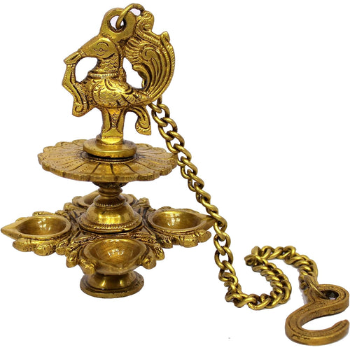 eSplanade Brass Peacock Design 4 Oil Wick Diya Deepam Kuthu Vilakku Oil Lamp for Temple Home | Pooja Articles - Home Decor | Golden - 6