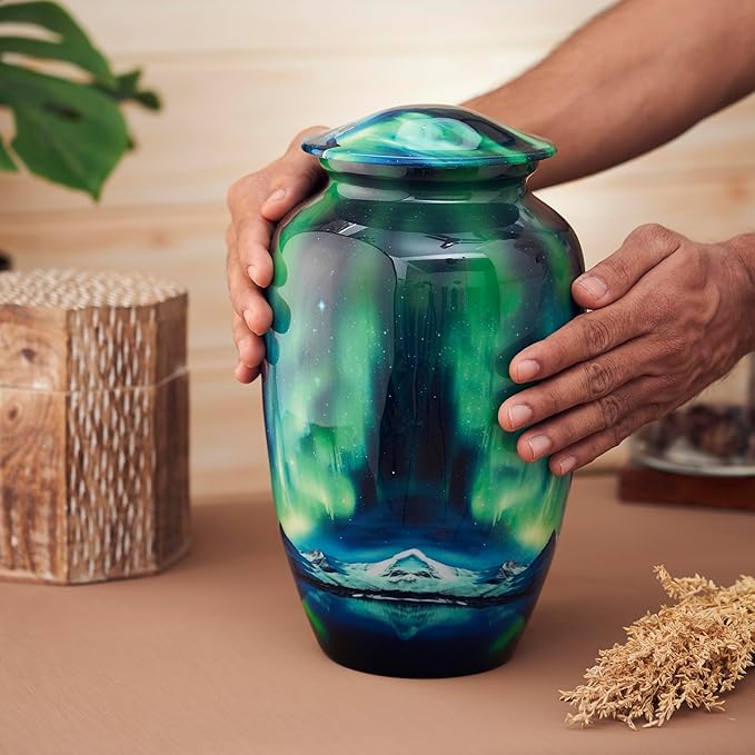 Esplanade Metal Urn for Ashes Adult Male Female – 10" Cremation Urn for Human Ashes, Full Size Large Urn, Aurora Northern Lights Mountains Blue Colour, Funeral Vase with Velvet Bag - for 80kg Adult