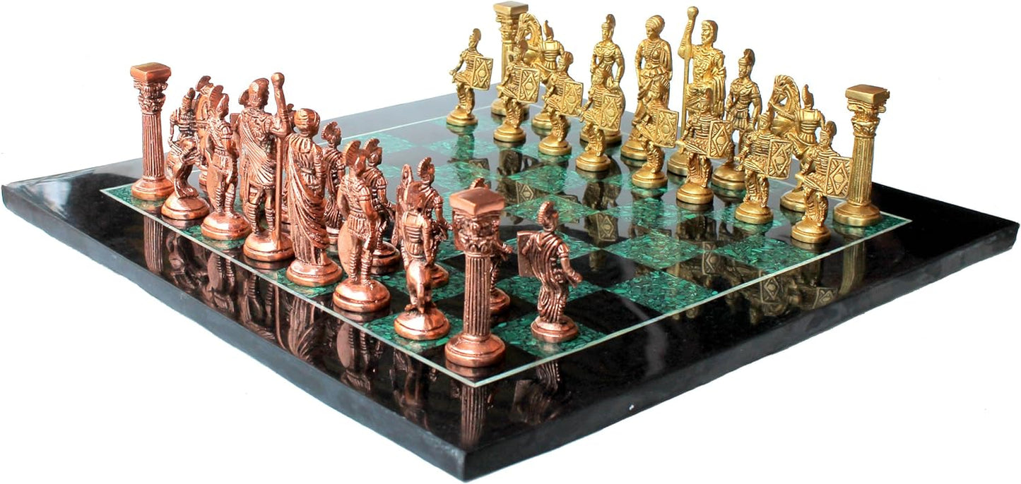 StonKraft Collectible Black Marble and Malachite Stone Chess Board Set + Brass Roman Chess Pieces Pawns - Decorative Stone Chess - Home DŽcor - 15" Inches