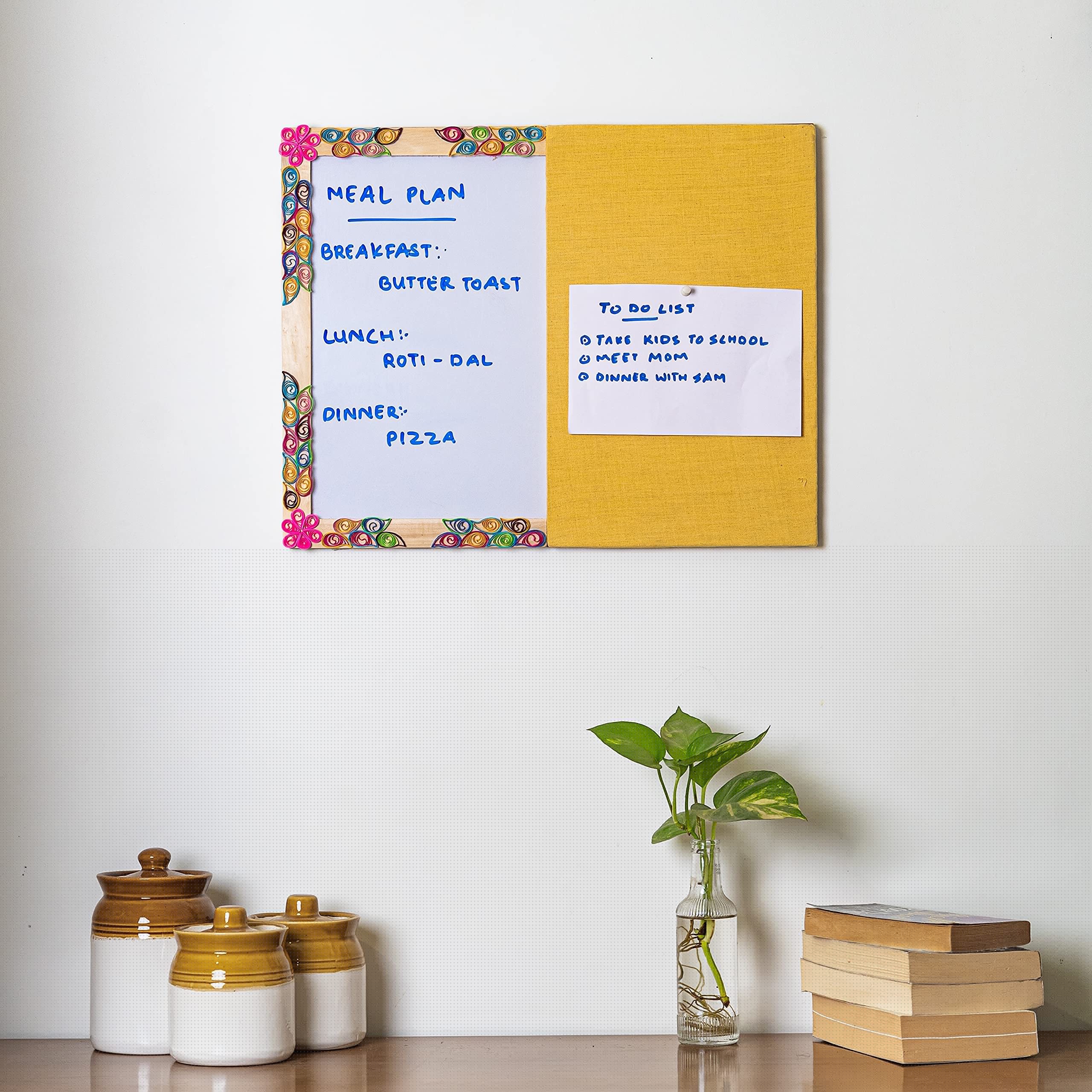 IVEI Yellow pin Board and whiteboard Combination - Dry Erase Board - Bulletin Board - Innovative Organizer - Writing Board for Adults - Paper Quilling on a Wooden Frame