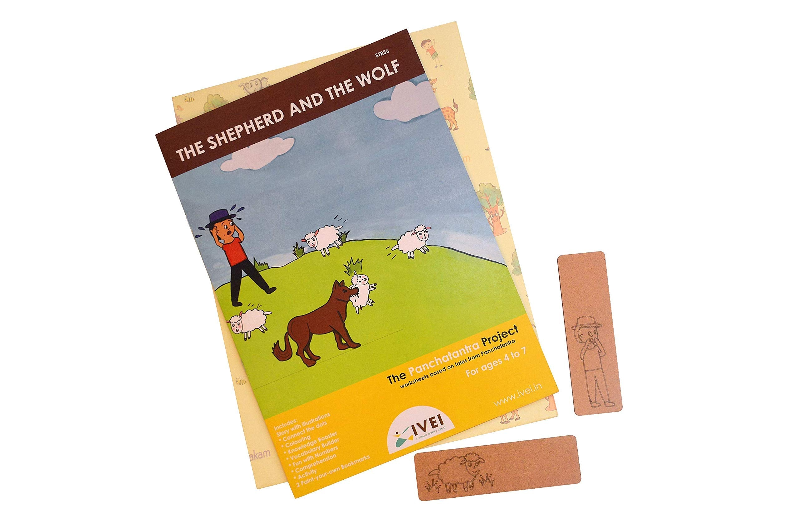 IVEI Panchatantra Story Kids Learning Book - Workbook and 2 DIY Bookmarks - Colouring Activity Worksheets - Creative Fun Activity and Education for Kids - The Shepherd and The Wolf (Age 4 to 7 Years)