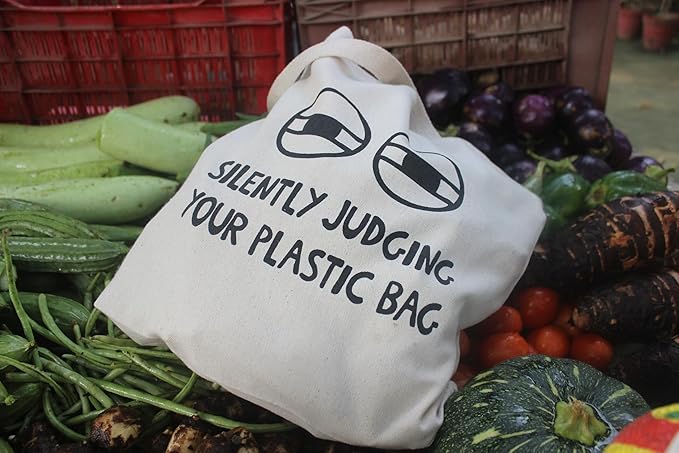 SKAPADORO Tote Bag 100% Cotton, Natural Ecofriendly Basic Canvas Bag for Travel, College, Beach, Shopping, Grocery, Vegetable Bag - Sun/Beach; Judging Plastic Bag & Origami Design