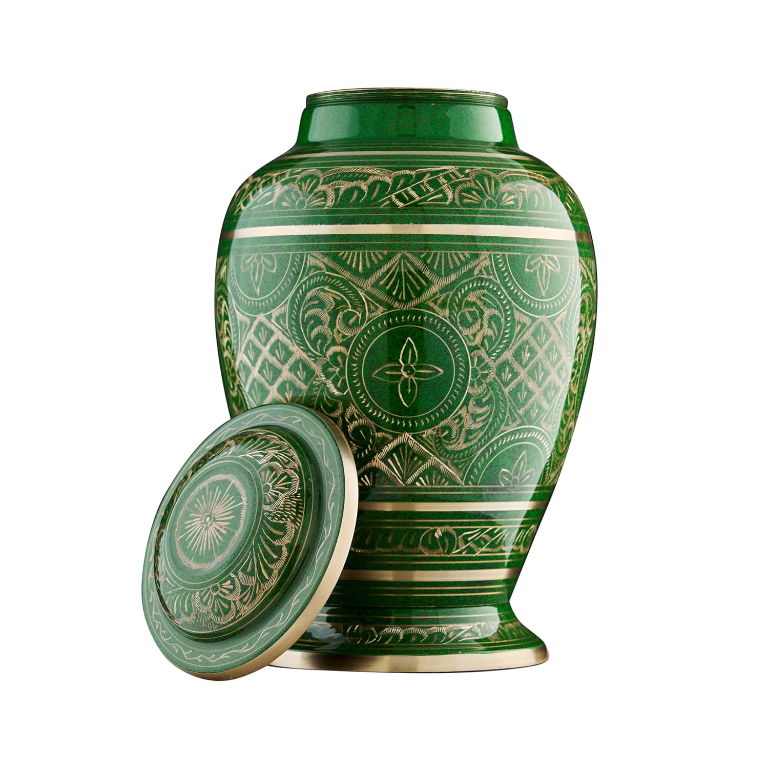 Esplanade Brass Urn for Ashes Adult Male Female – 10" Cremation Urn for Human Ashes, Full Size Large Urn, Engraved Geometric Floral Green Colour, Funeral Vase with Velvet Bag - for 80kg Adult