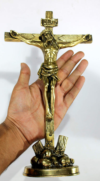 eSplanade Brass Christian Cross Jesus Christ Statue in Antique Finish (11" & 12" Jesus Cross)