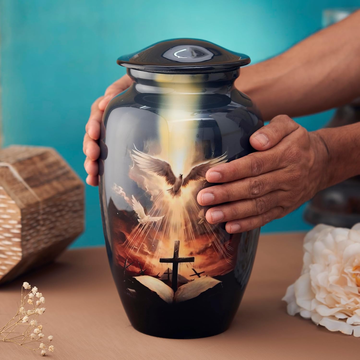 Esplanade Metal Urn for Ashes Adult Male Female – 10" Cremation Urn for Human Ashes, Full Size Large Urn, Doves and Holy Cross, Funeral Vase with Velvet Bag - for 80kg Adult