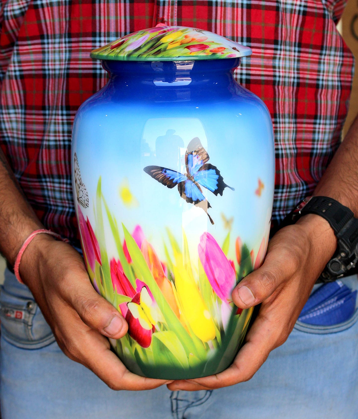 eSplanade Metal Cremation Urn Memorial Jar Pot Container | Full Size Urn for Funeral Ashes Burial | Colorful Butterflies Print | White - 10" Inches