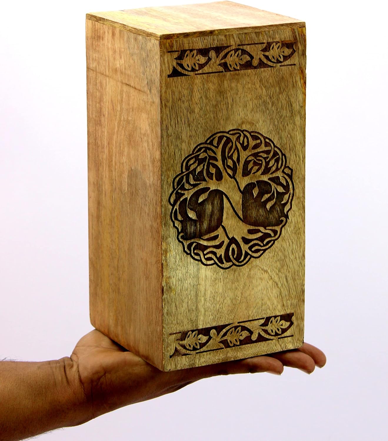 eSplanade Wooden Cremation Urn Memorial Jar Pot Container | Full Size Urn for Funeral Ashes Burial | Tree of Life Engraved Wooden Urn | Beige & Brown- 10" Inches