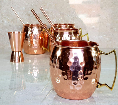 eSplanade Moscow Mule Cocktail Copper Mugs - Set of 4 Mugs, 4 Copper Straws, and a Peg Measurer (HAMMERED BRASS HANDLE)