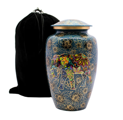 eSplanade Metal Cremation Urn Memorial Jar Pot Container | Full Size Urn for Funeral Ashes Burial | Elephant and Flowers Printed Metal Urn | Blue-Multi - 10" Inches