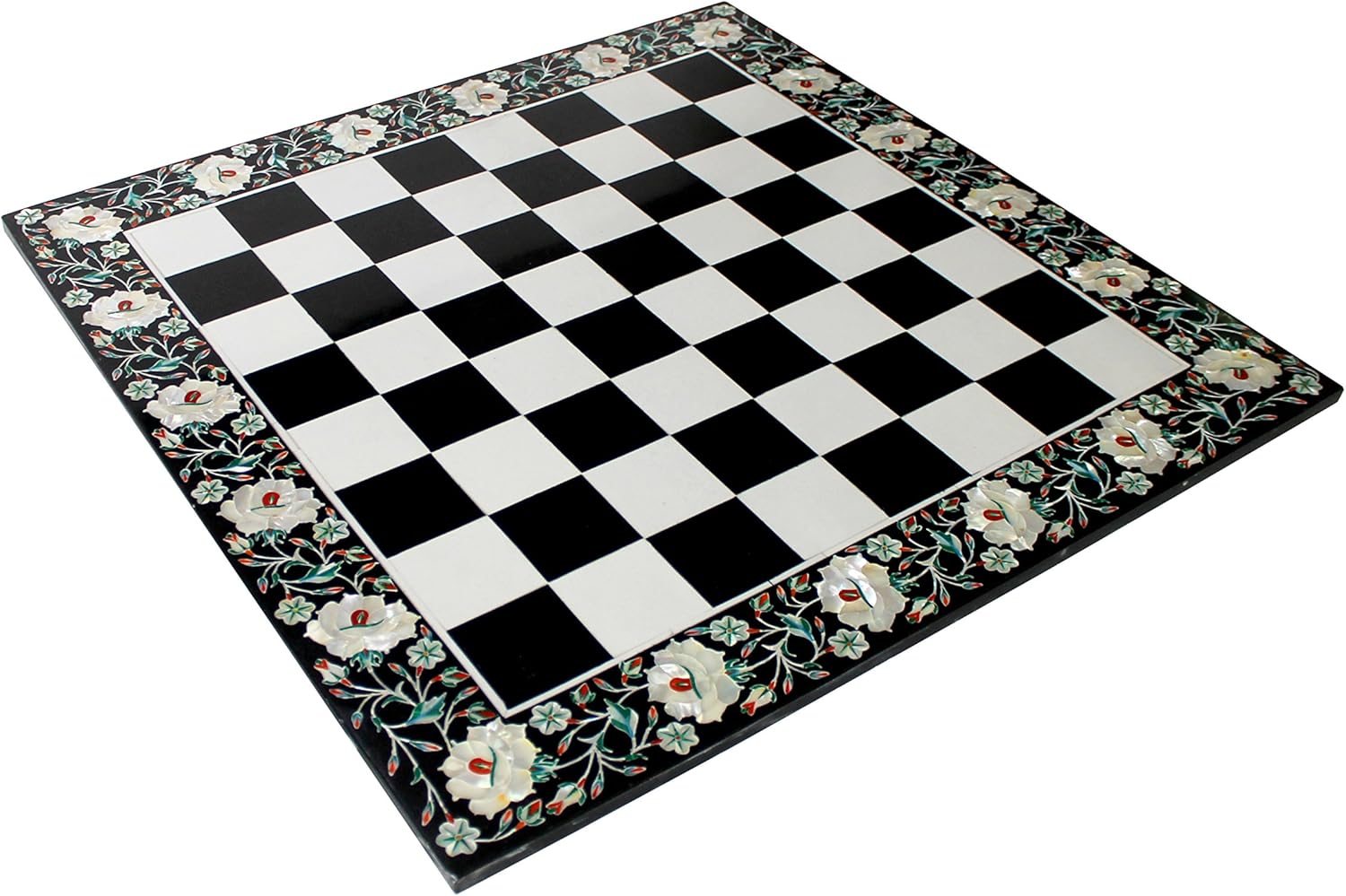 StonKraft Collectible Black & White Marble Stone Chess Board Set + Wood Crafted Pieces - Coffee Table Centre Table Top Without Stand - Pietra Dura Inlay Work - 24" Inches