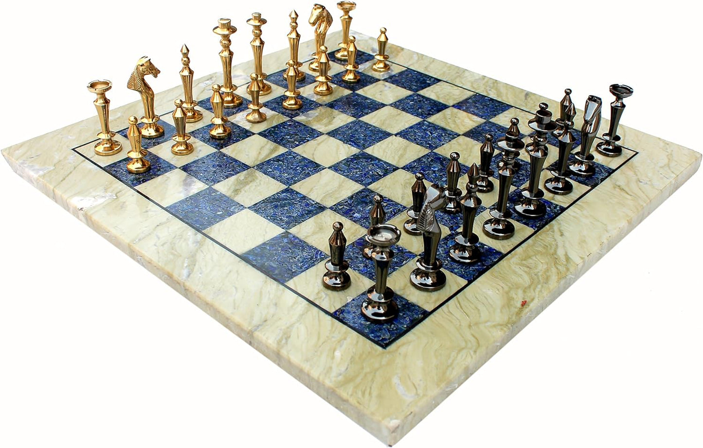 StonKraft Collectible Australian Marble and Lapis Lazuli Chess Board Set + Brass Chess Pieces Pawns - Decorative Stone Chess - 15" Inches