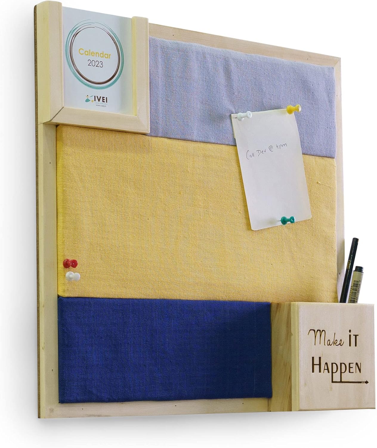 IVEI 2 Coloured Pin Board with Calendar and Pen Stand Engraved with Inspiring Words, Pin Board in 2 Colours to Organize Your Lists | Ideal for Home and Office