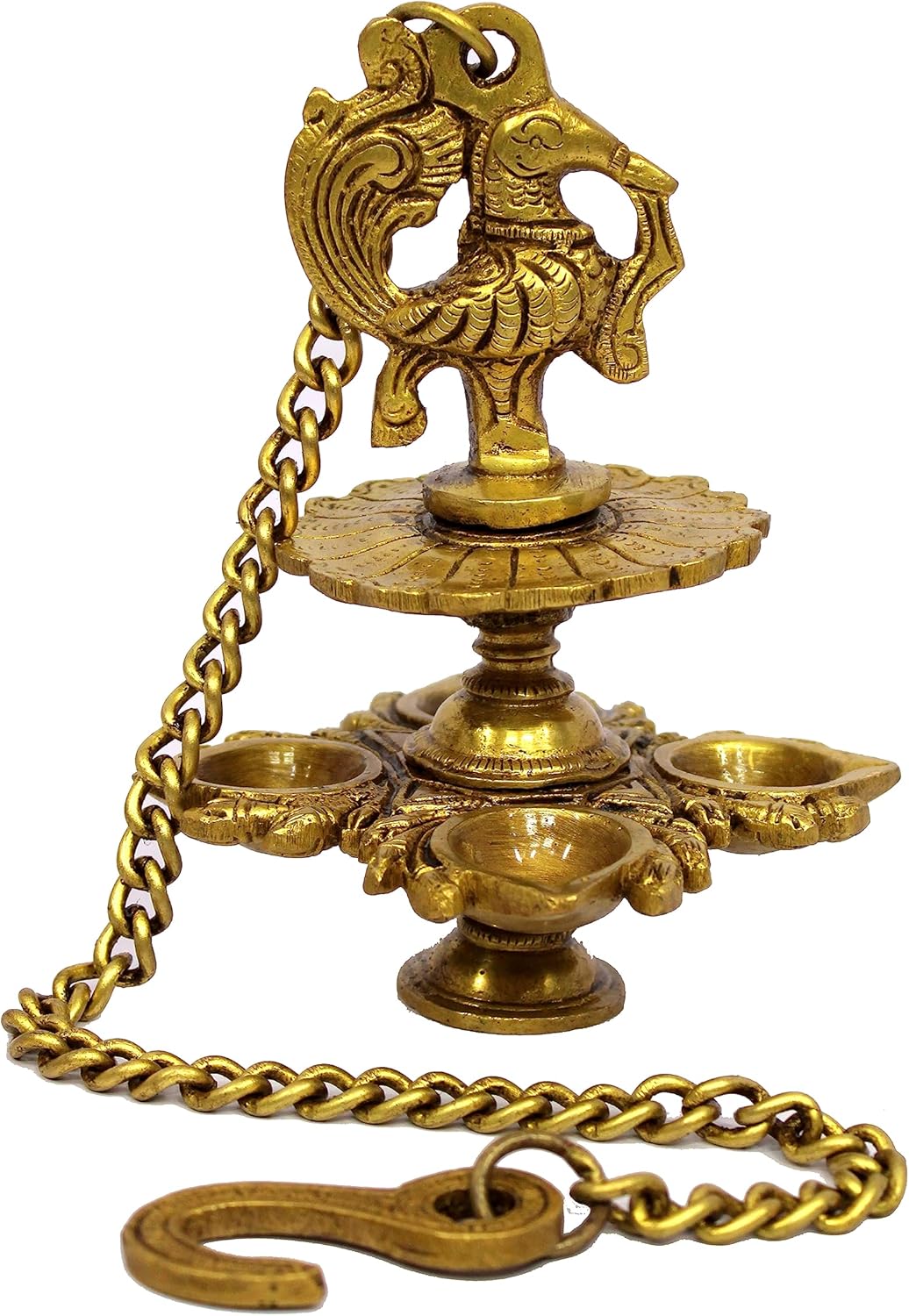eSplanade Brass Peacock Design 4 Oil Wick Diya Deepam Kuthu Vilakku Oil Lamp for Temple Home | Pooja Articles - Home Decor | Golden - 6" Inches