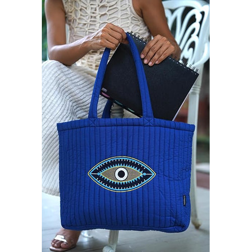 SKAPADORO Quilted Cotton Tote Bag with Zip, Inner Zipper Pocket, Multipurpose Embroidered Hand Bag for Women/Girls For Shopping Travel College Gym Work, Everyday Shoulder Bag - Evil Eye; Floral
