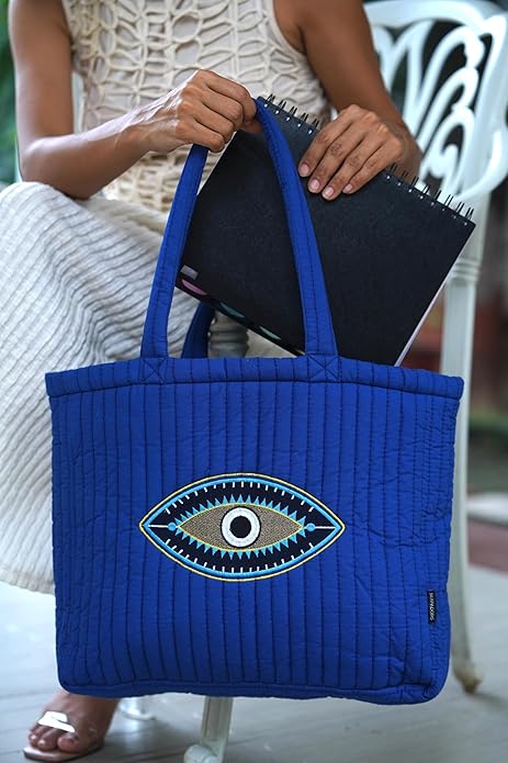 SKAPADORO Quilted Cotton Tote Bag with Zip, Inner Zipper Pocket, Multipurpose Embroidered Hand Bag for Women/Girls For Shopping Travel College Gym Work, Everyday Shoulder Bag - Evil Eye; Floral