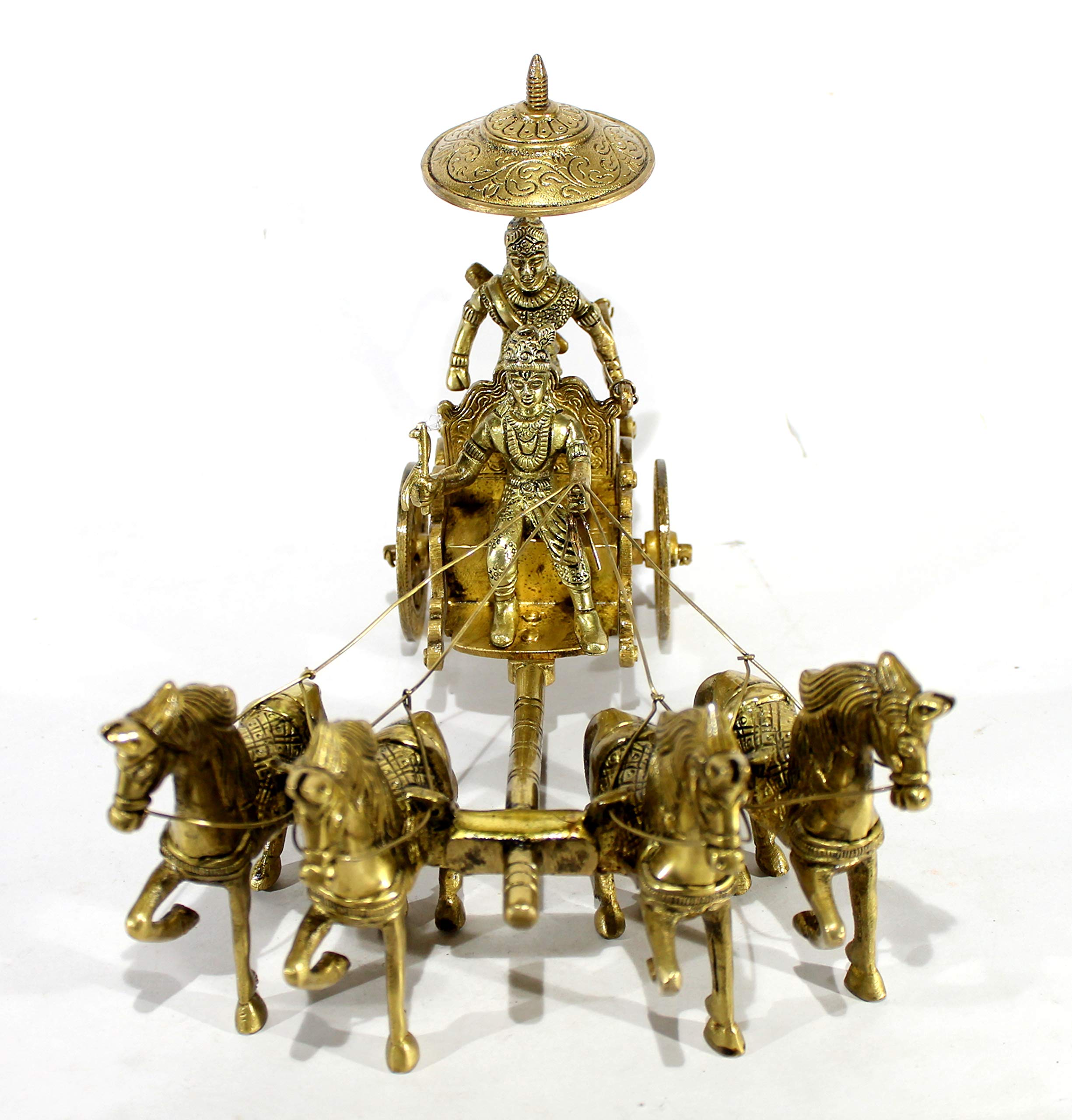 eSplanade Brass Krishna Arjuna Rath Chariot Horses Showpiece | Home Decor | Krishna Arjun Updesh | Gita Saransh (2 & 4 Horse Rath)