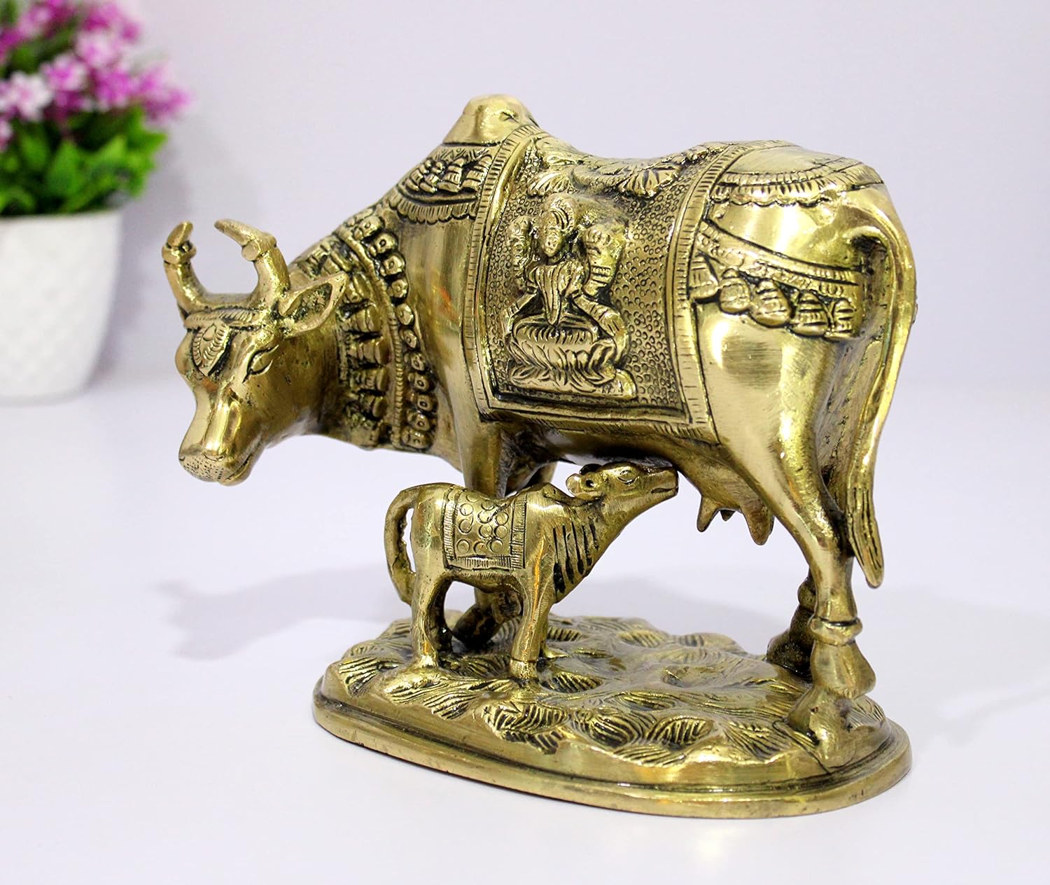 eSplanade Brass Holy Kamdhenu Kamadhenu Cow and Calf Sculpture - Lucky Figurine Idol Statue Sculpture- 6",5.5", 2.75"