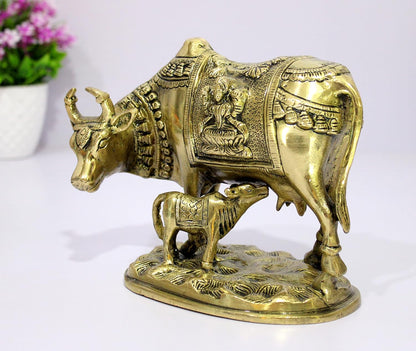 eSplanade Brass Holy Kamdhenu Kamadhenu Cow and Calf Sculpture - Lucky Figurine Idol Statue Sculpture (6 Inch)