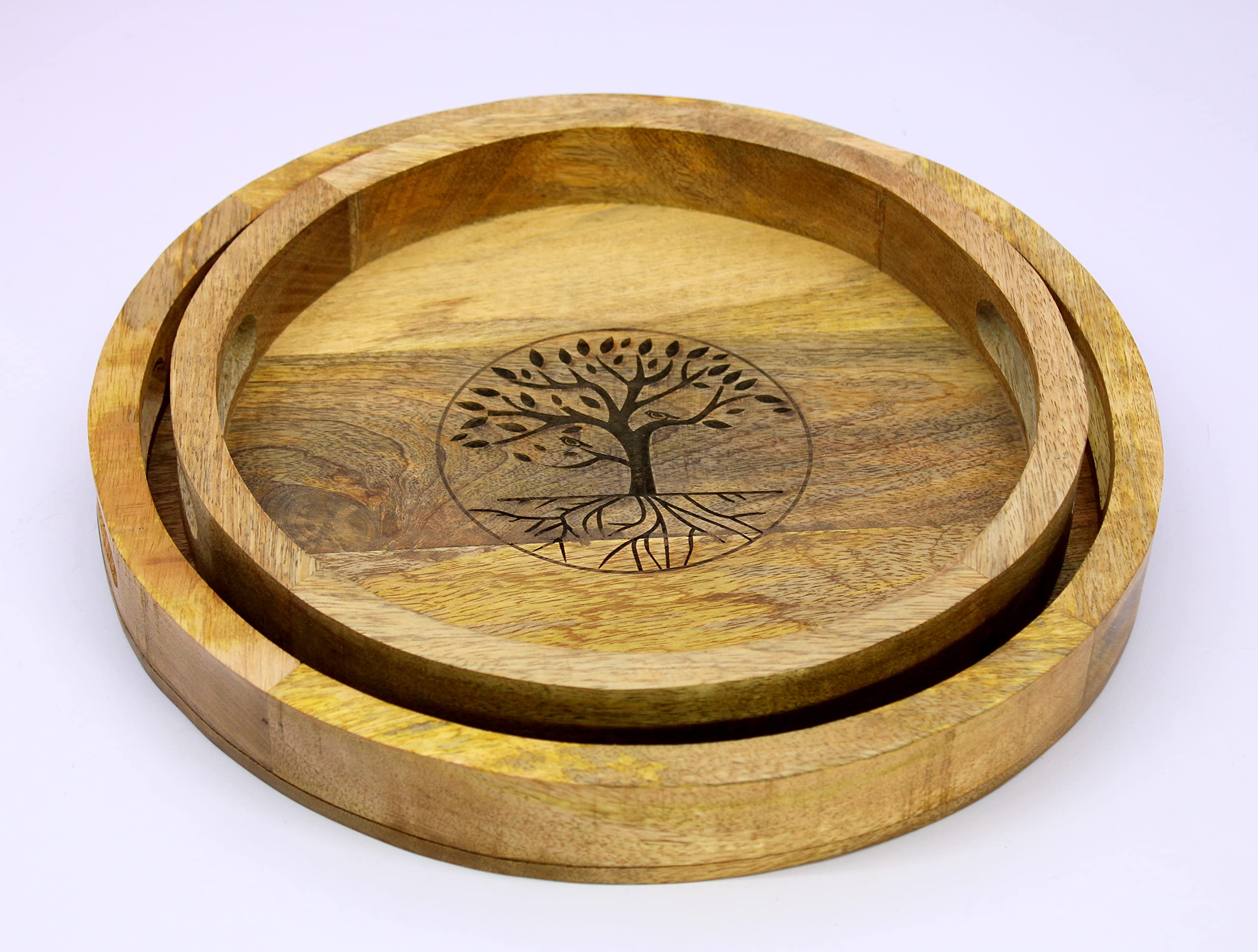KLEO Wooden Engraved Round Shape Serving Trays - Set of 2 - Serveware Tableware - Brown - 14" Inches Dia.